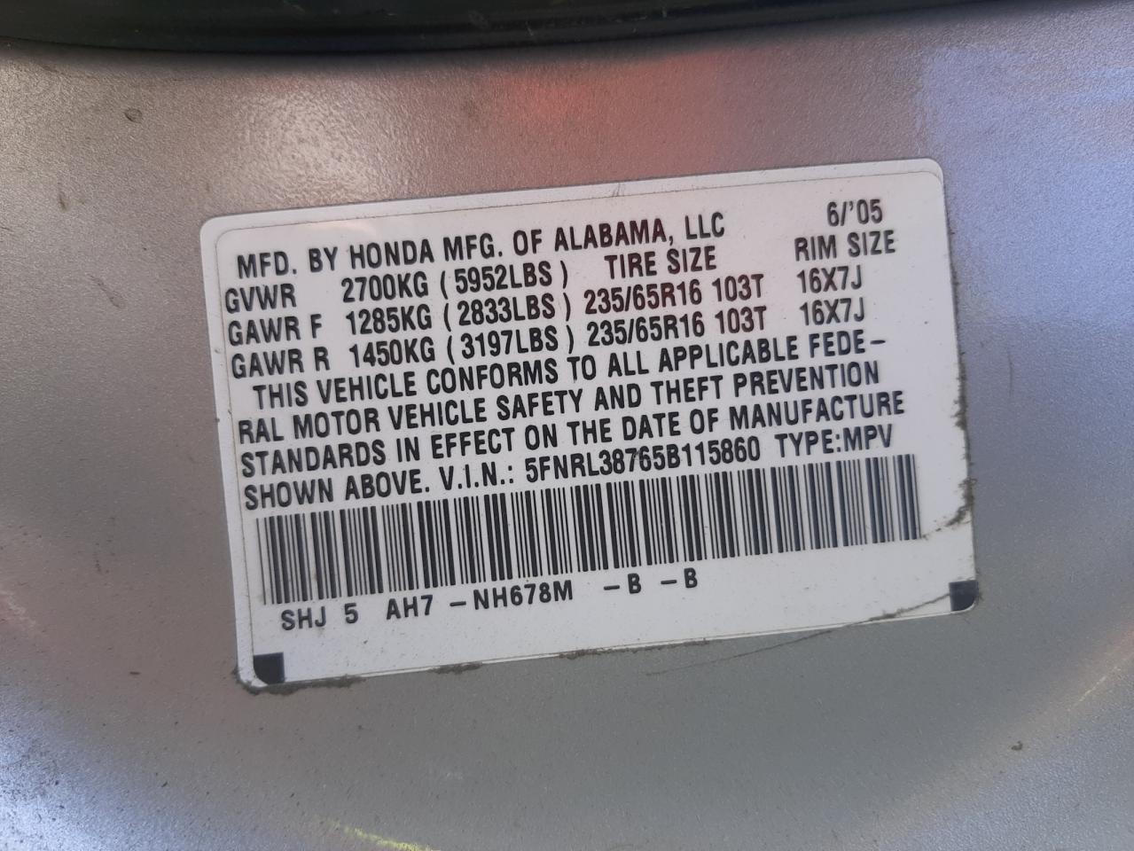 Photo 10 from auction – 2005 HONDA ODYSSEY EX with VIN 5FNRL38765B115860
