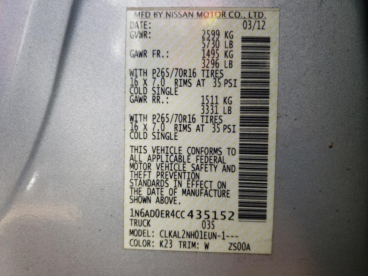 Photo 10 from auction – 2012 NISSAN FRONTIER S with VIN 1N6AD0ER4CC435152