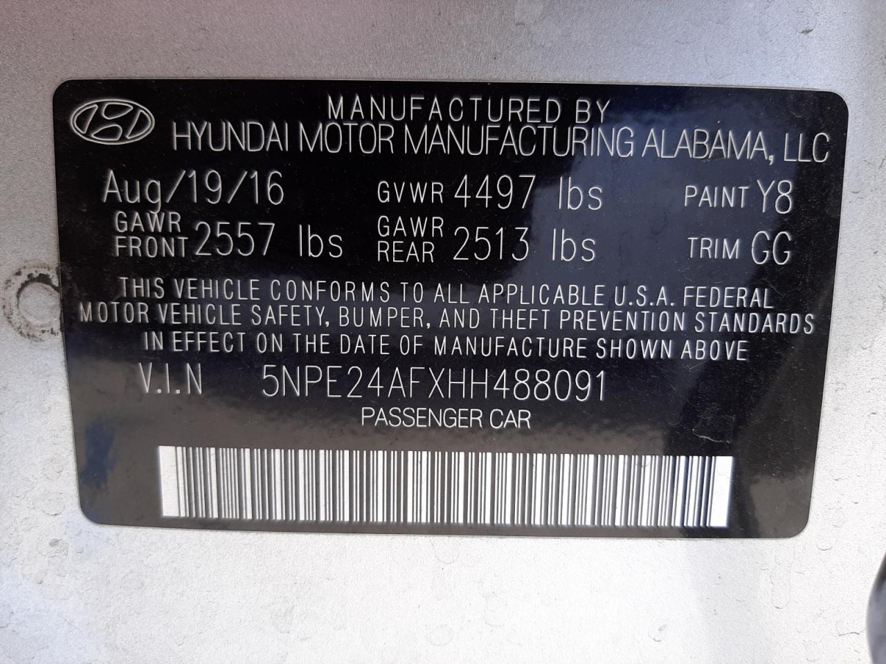 Photo 10 from auction – 2017 HYUNDAI SONATA SE with VIN 5NPE24AFXHH488091