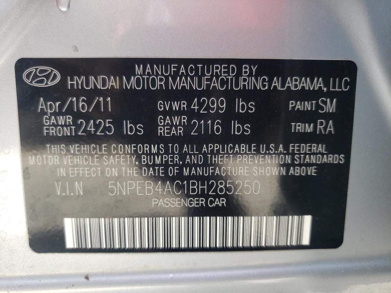 Photo 10 from auction – 2011 HYUNDAI SONATA GLS with VIN 5NPEB4AC1BH285250