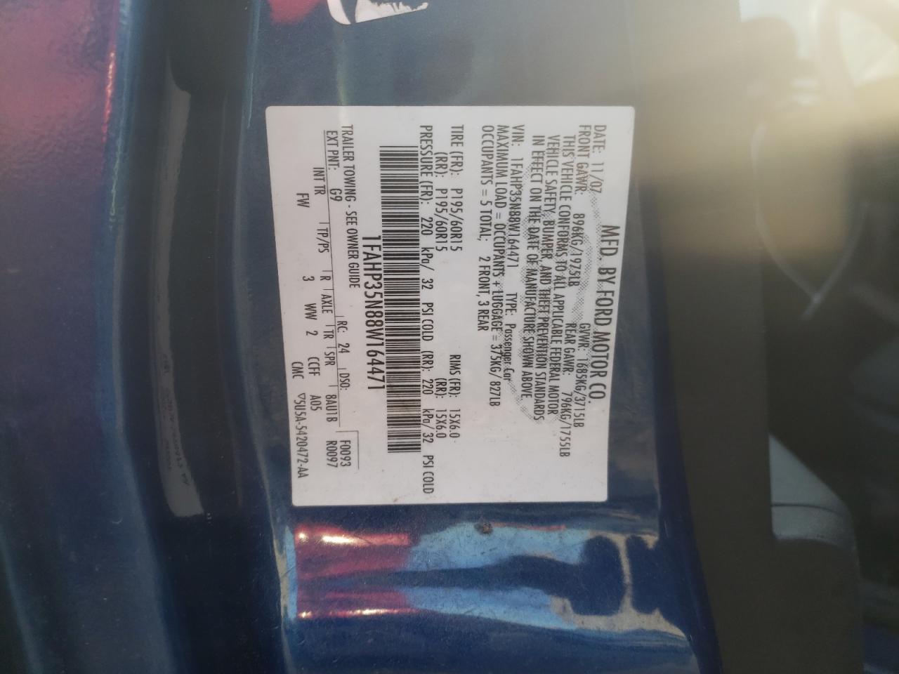 Photo 10 from auction – 2008 FORD FOCUS SE with VIN 1FAHP35N88W164471
