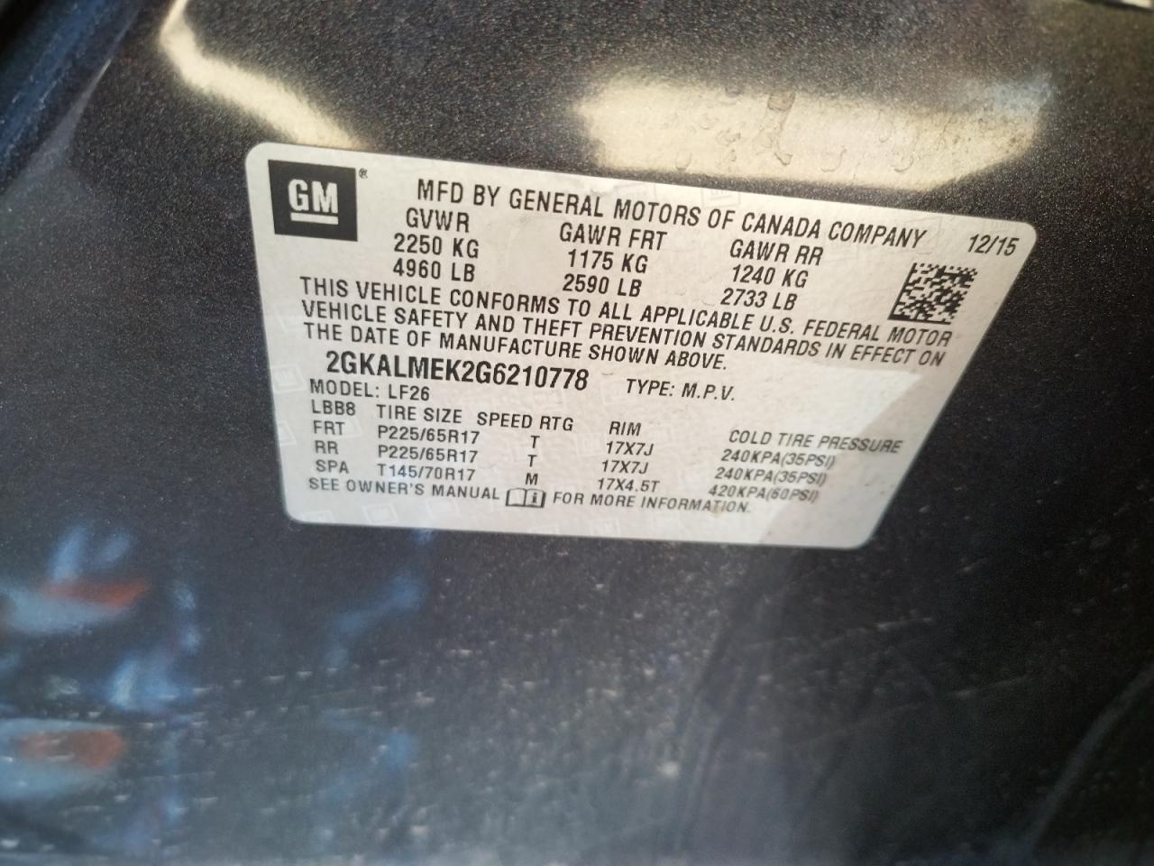 Photo 10 from auction – 2016 GMC TERRAIN SL with VIN 2GKALMEK2G6210778