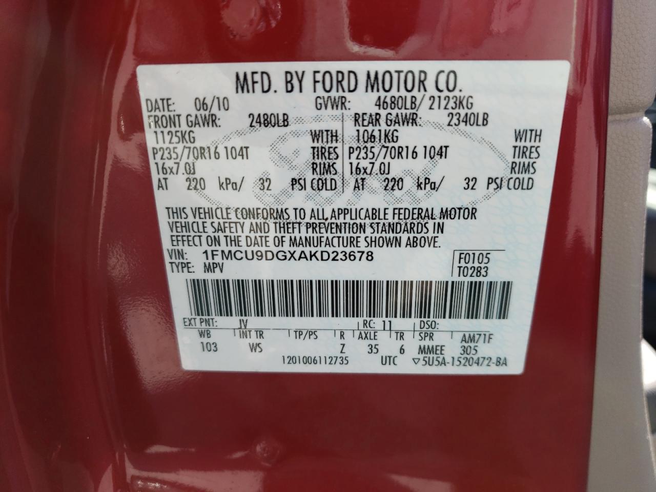 Photo 10 from auction – 2010 FORD ESCAPE XLT with VIN 1FMCU9DGXAKD23678
