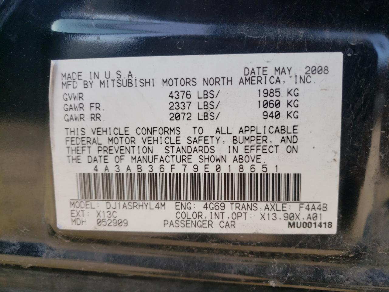 Photo 10 from auction – 2009 MITSUBISHI GALANT ES with VIN 4A3AB36F79E018651