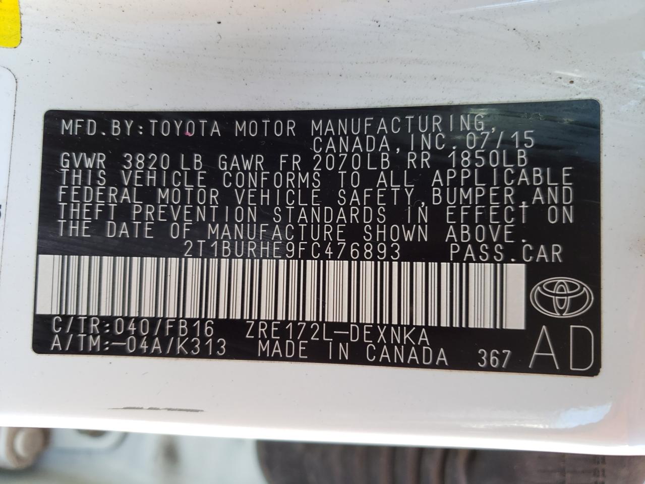 Photo 10 from auction – 2015 TOYOTA COROLLA L with VIN 2T1BURHE9FC476893