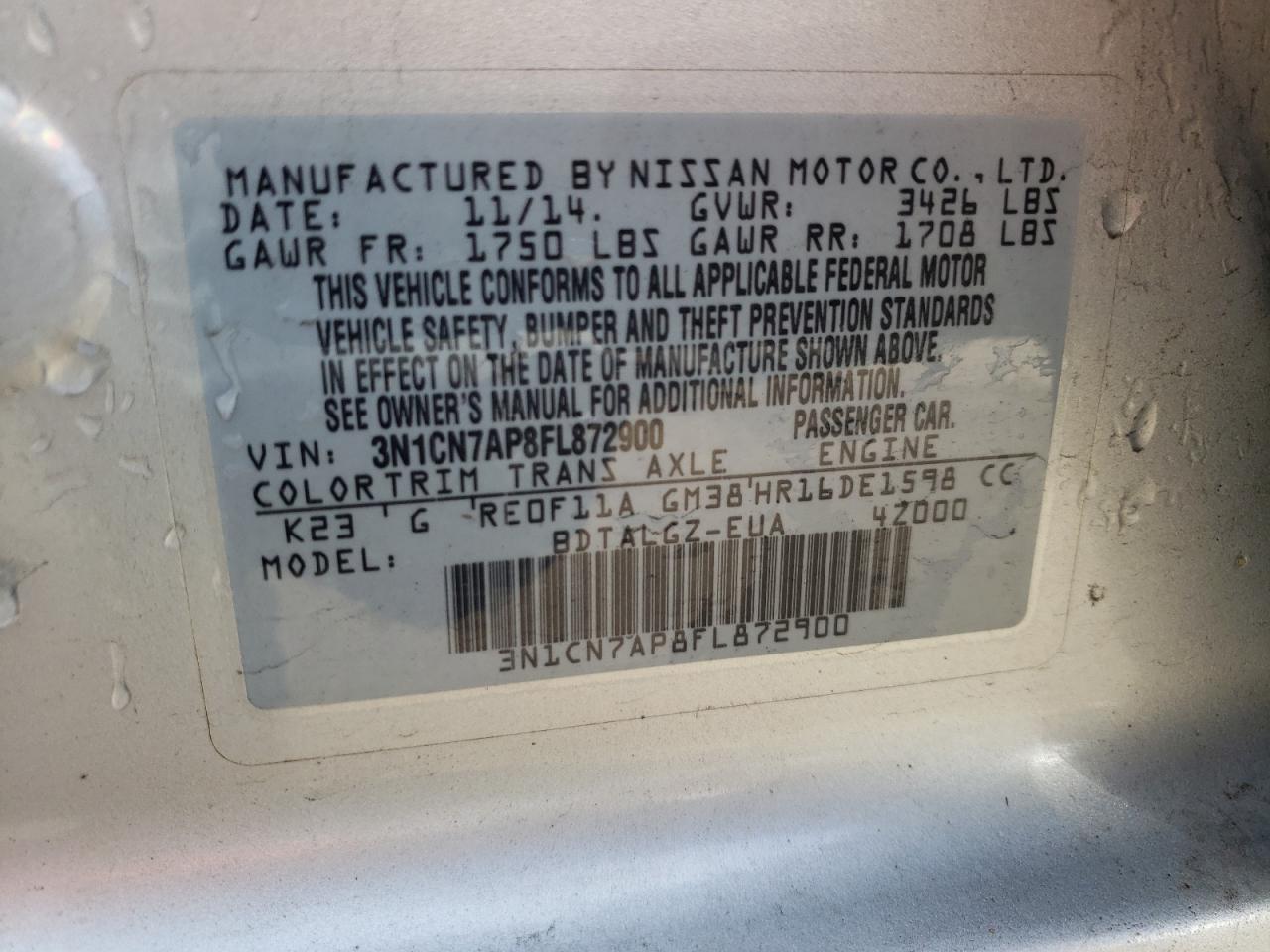 Photo 10 from auction – 2015 NISSAN VERSA S with VIN 3N1CN7AP8FL872900