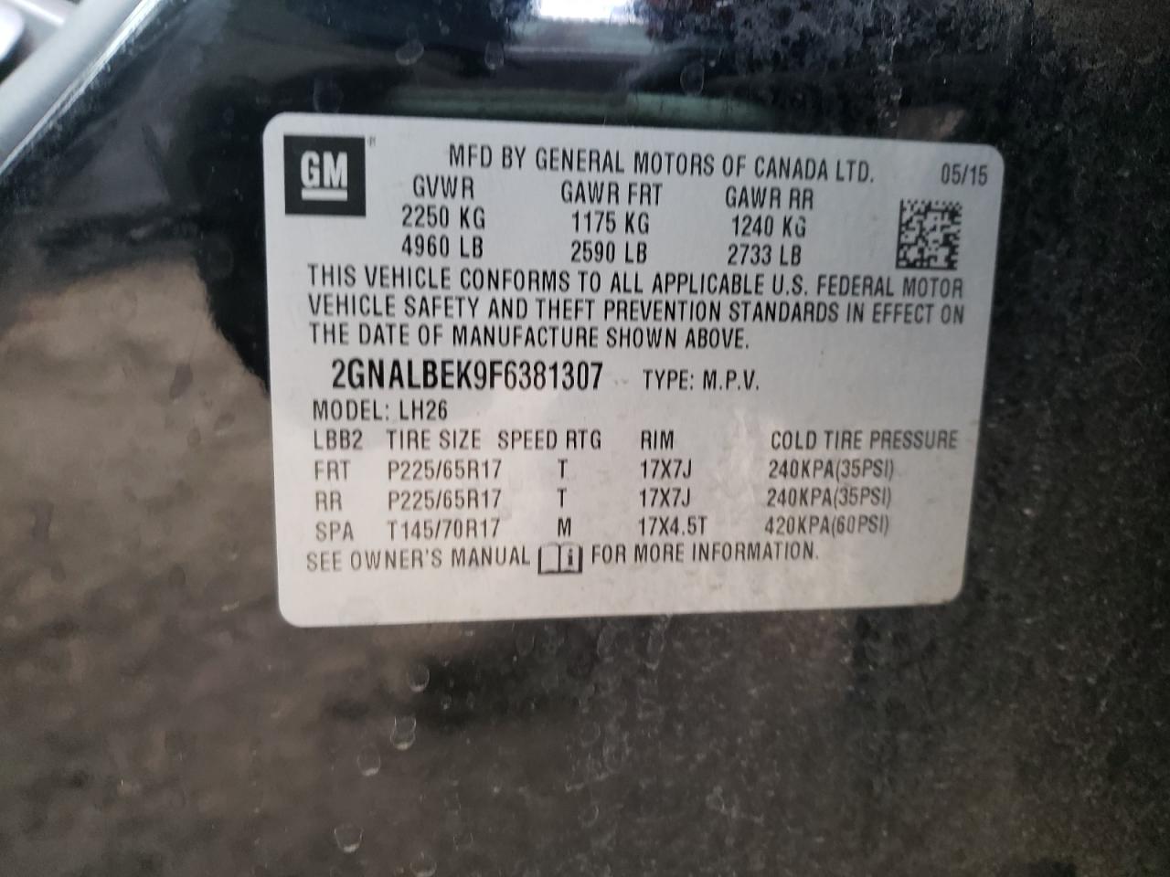 Photo 10 from auction – 2015 CHEVROLET EQUINOX LT with VIN 2GNALBEK9F6381307