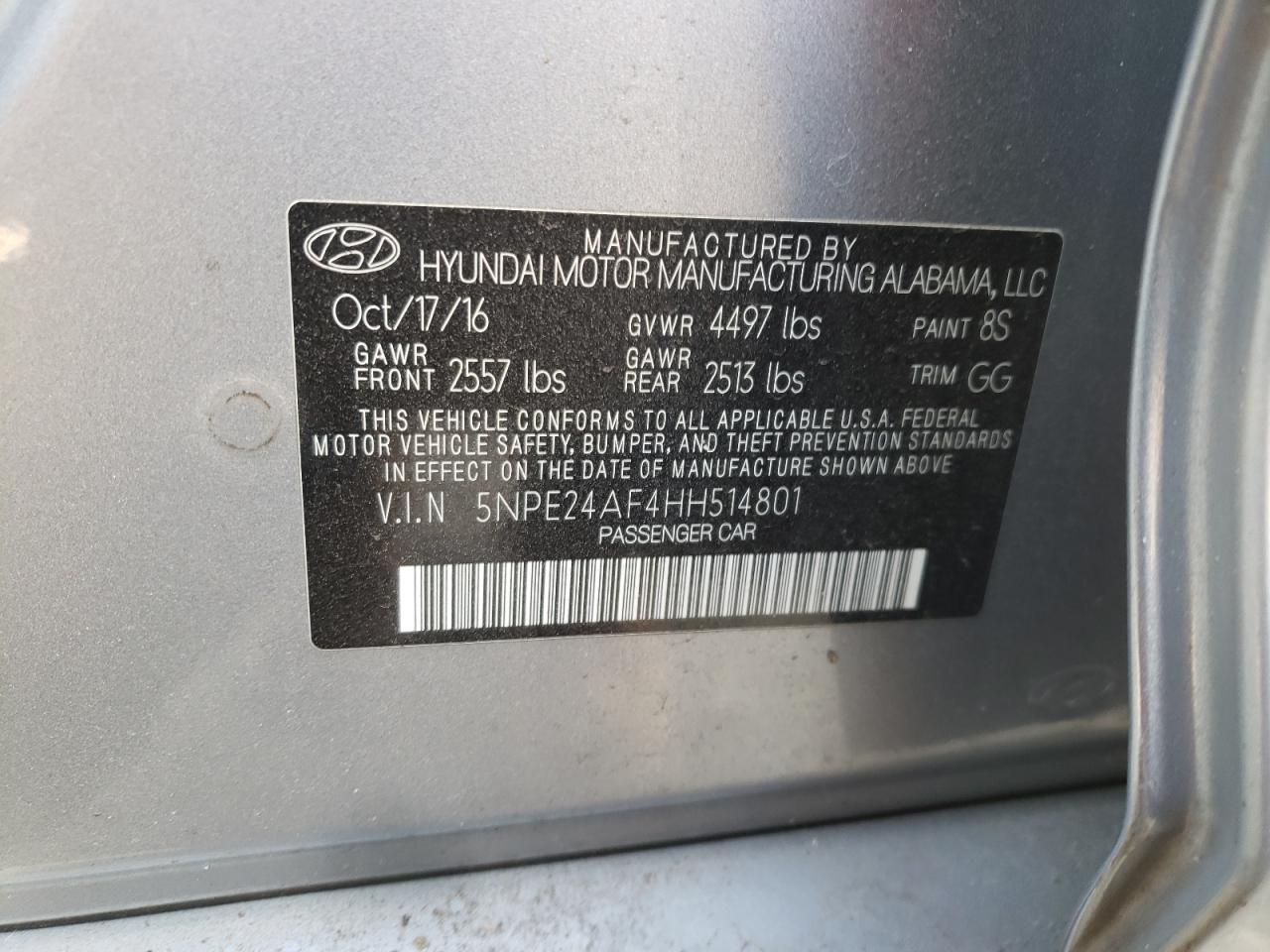 Photo 10 from auction – 2017 HYUNDAI SONATA SE with VIN 5NPE24AF4HH514801