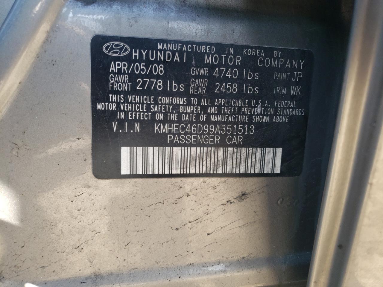 Photo 10 from auction – 2009 HYUNDAI AZERA GLS with VIN KMHFC46D99A351513