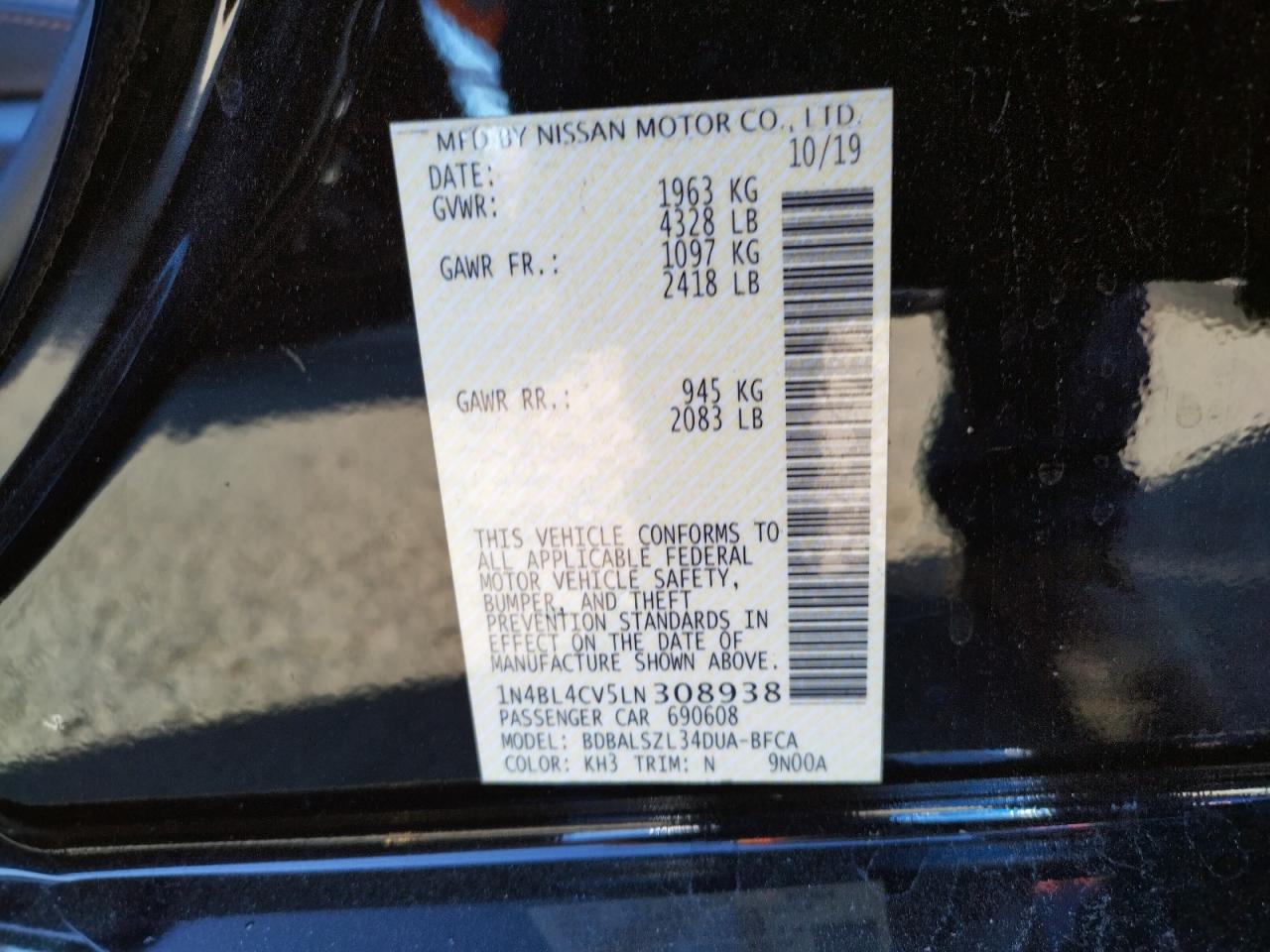 Photo 10 from auction – 2020 NISSAN ALTIMA SR with VIN 1N4BL4CV5LN308938