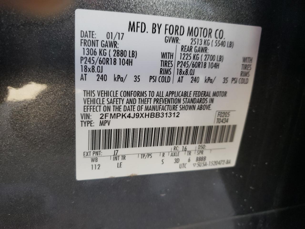 Photo 10 from auction – 2017 FORD EDGE SEL with VIN 2FMPK4J9XHBB31312