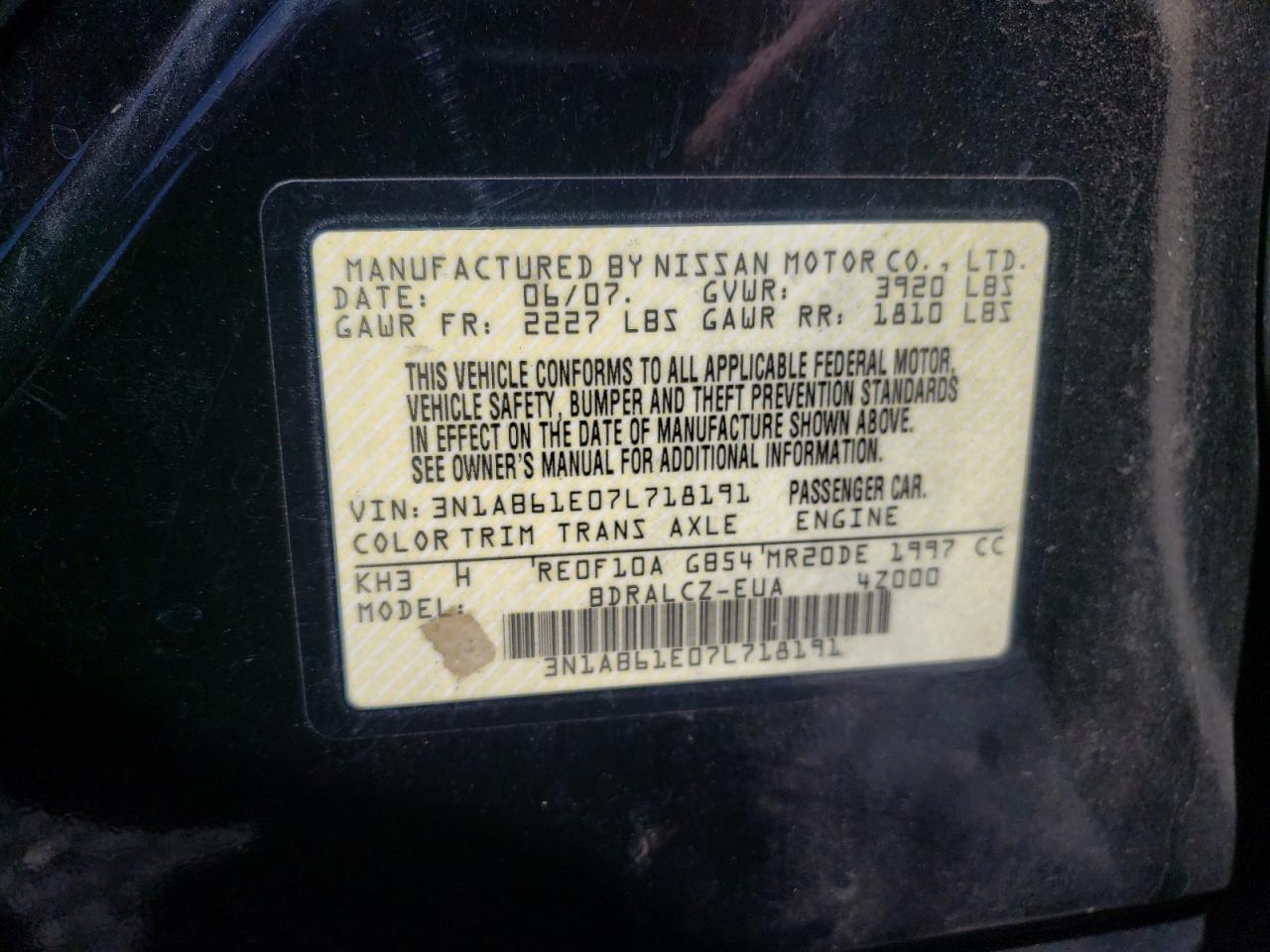 Photo 10 from auction – 2007 NISSAN SENTRA 2.0 with VIN 3N1AB61E07L718191