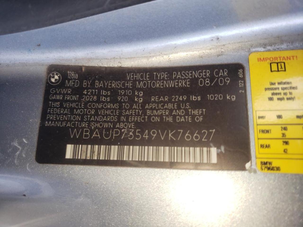 Photo 10 from auction – 2009 BMW 128 I with VIN WBAUP73549VK76627