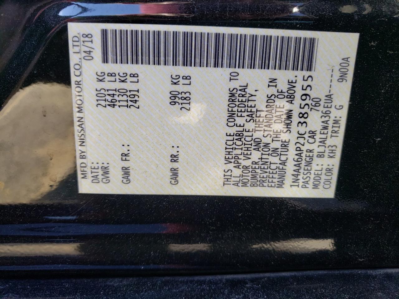 Photo 10 from auction – 2018 NISSAN MAXIMA 3.5 with VIN 1N4AA6AP2JC385955