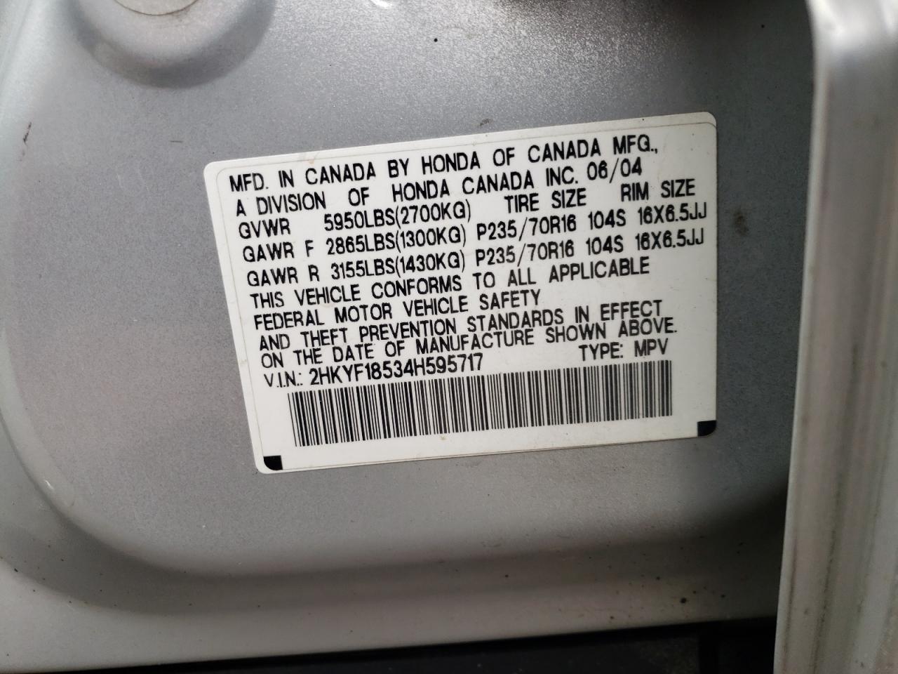 Photo 10 from auction – 2004 HONDA PILOT EXL with VIN 2HKYF18534H595717