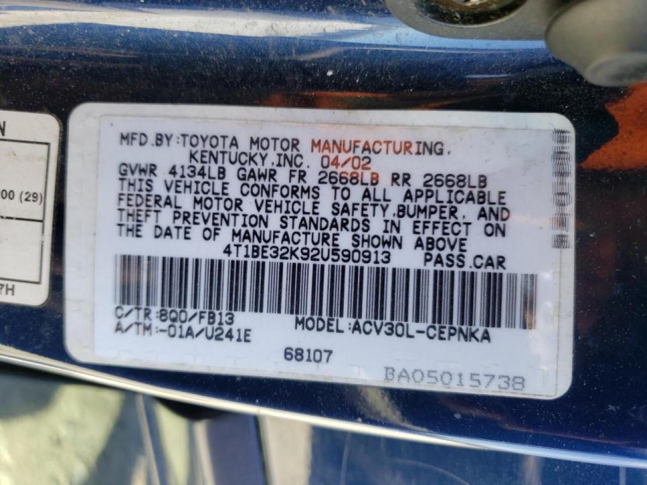 Photo 10 from auction – 2002 TOYOTA CAMRY LE with VIN 4T1BE32K92U590913