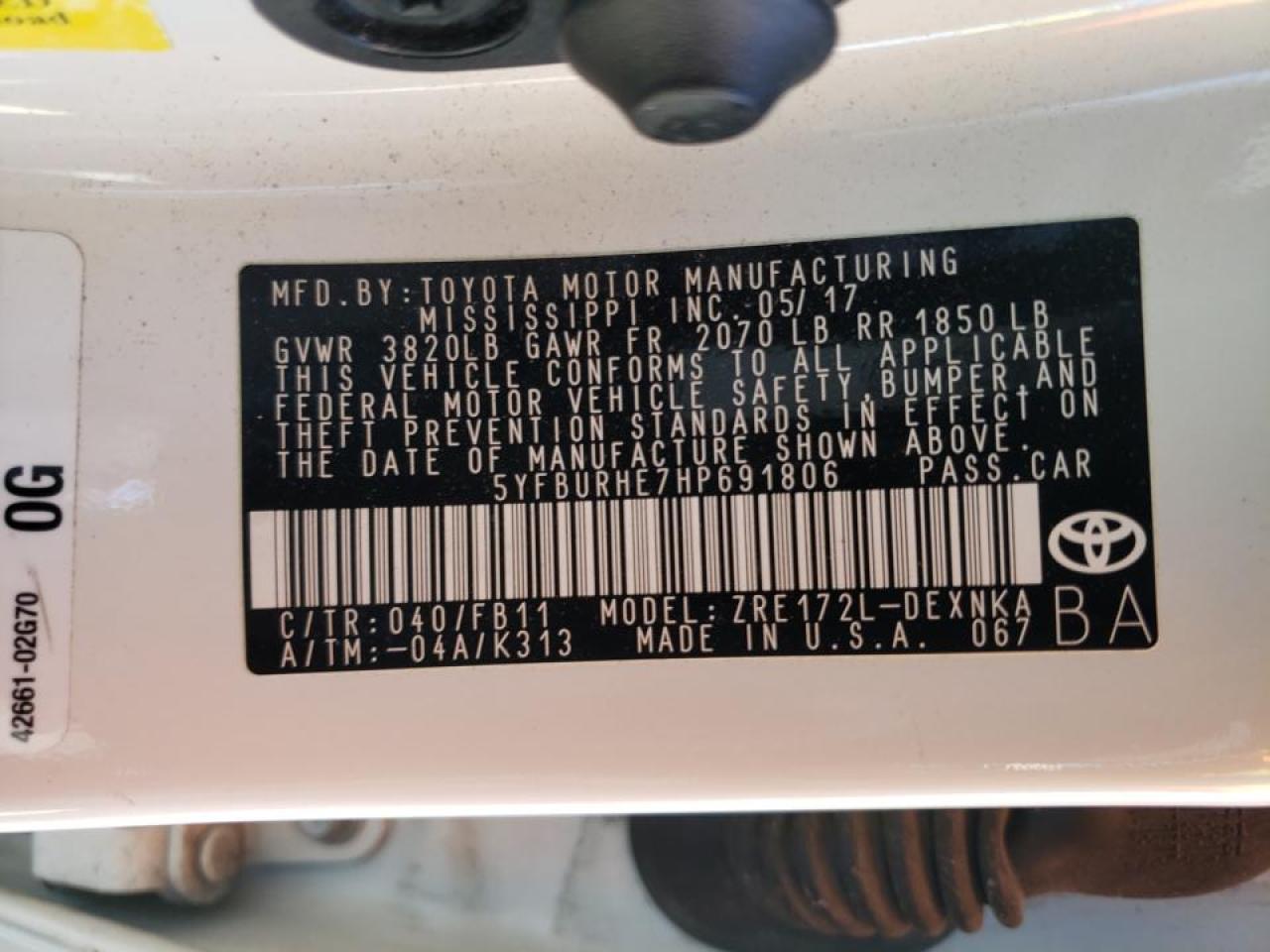 Photo 10 from auction – 2017 TOYOTA COROLLA L with VIN 5YFBURHE7HP691806