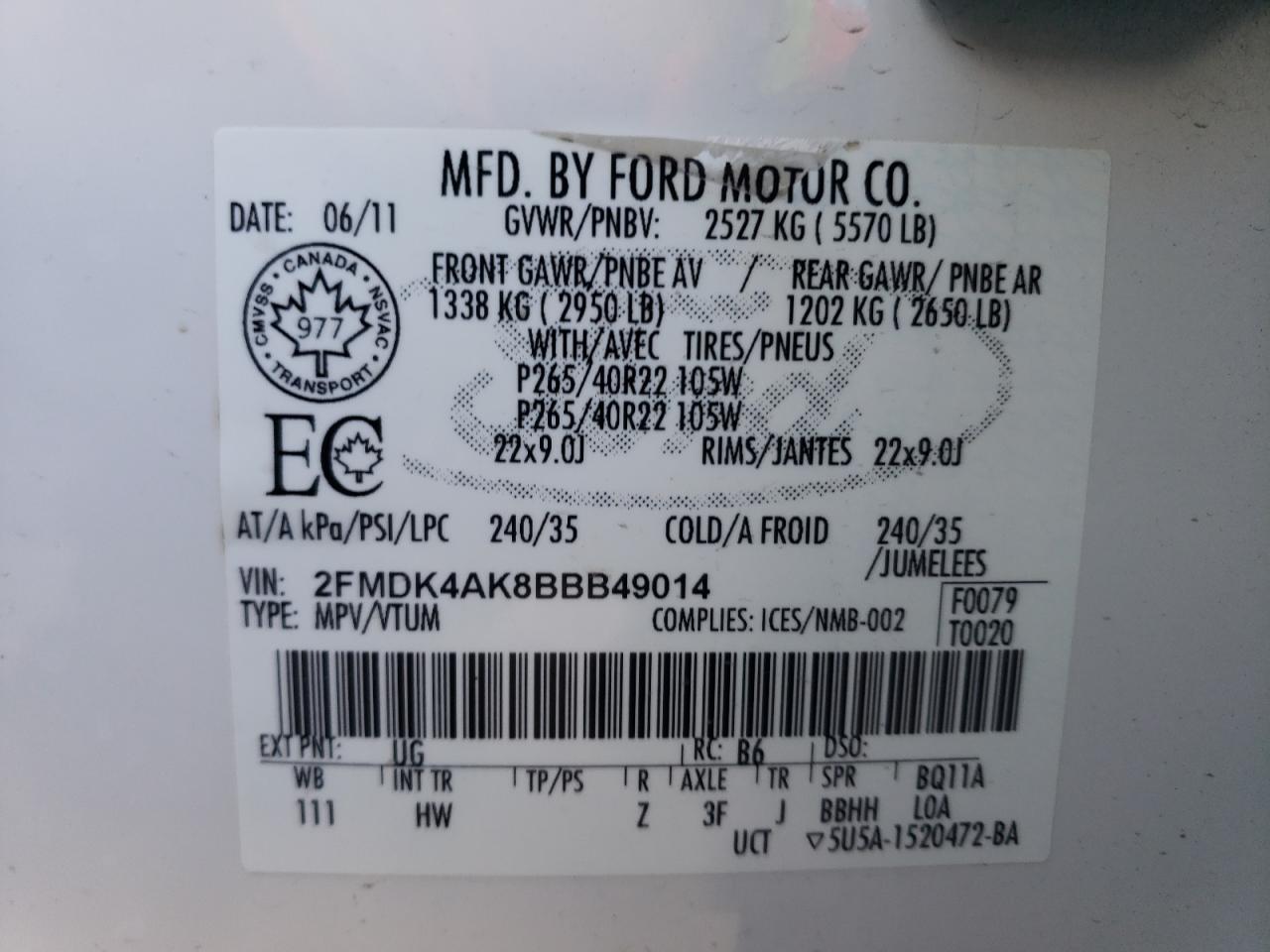 Photo 10 from auction – 2011 FORD EDGE SPORT with VIN 2FMDK4AK8BBB49014