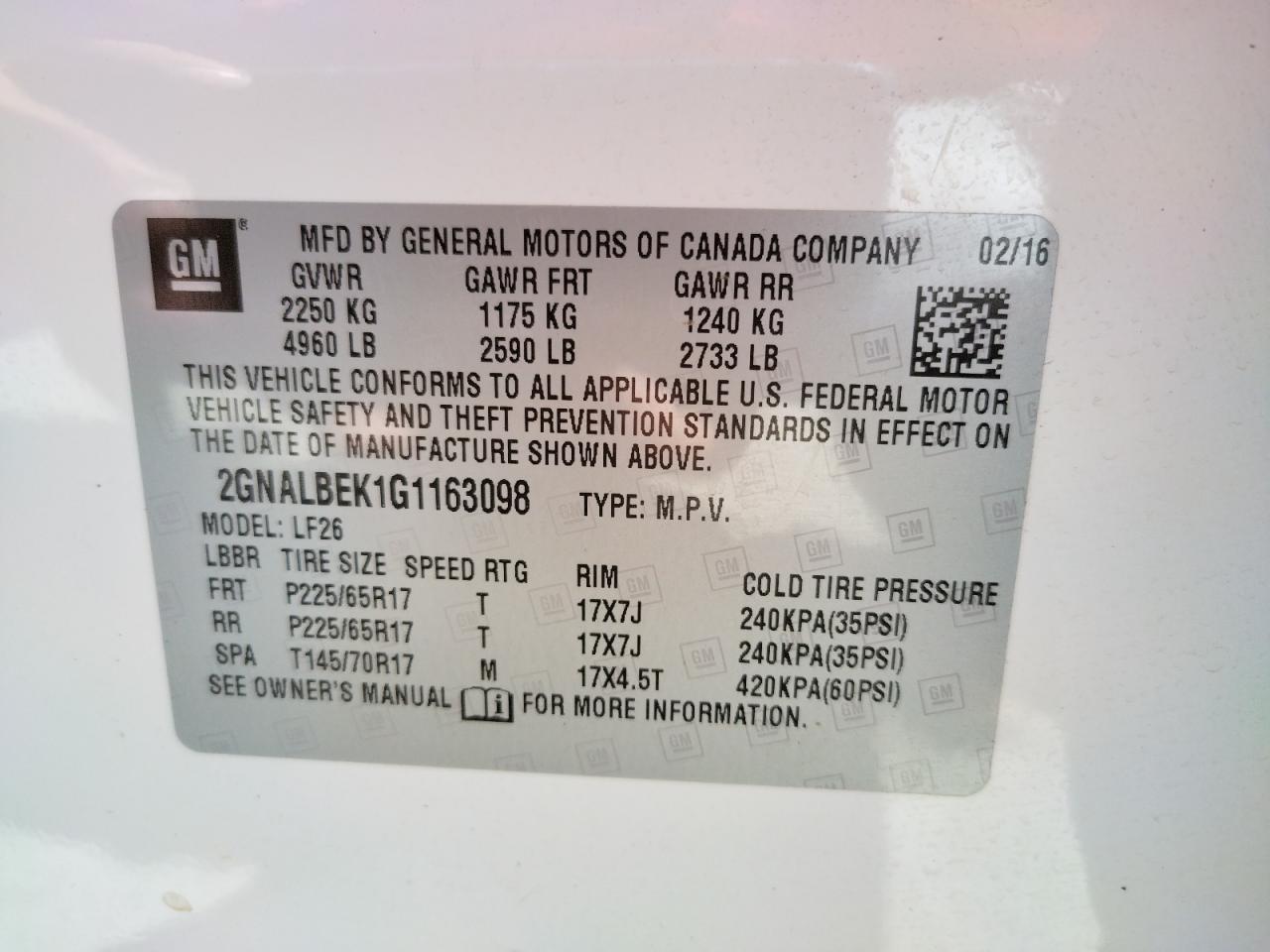 Photo 10 from auction – 2016 CHEVROLET EQUINOX LS with VIN 2GNALBEK1G1163098
