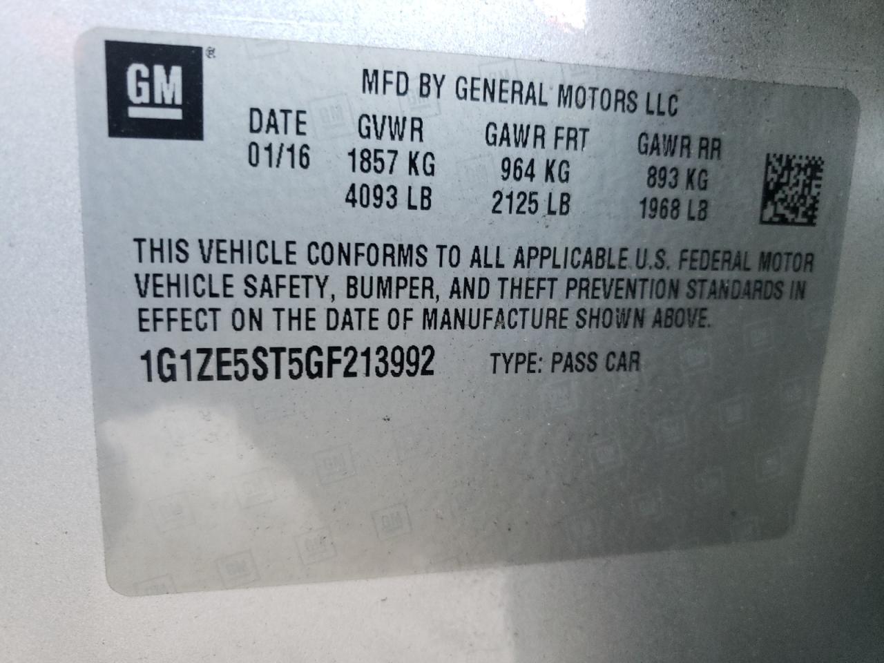 Photo 10 from auction – 2016 CHEVROLET MALIBU LT with VIN 1G1ZE5ST5GF213992