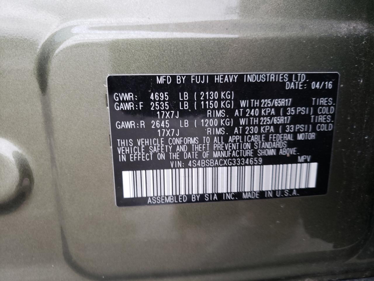Photo 10 from auction – 2016 SUBARU OUTBACK 2. with VIN 4S4BSBACXG3334659