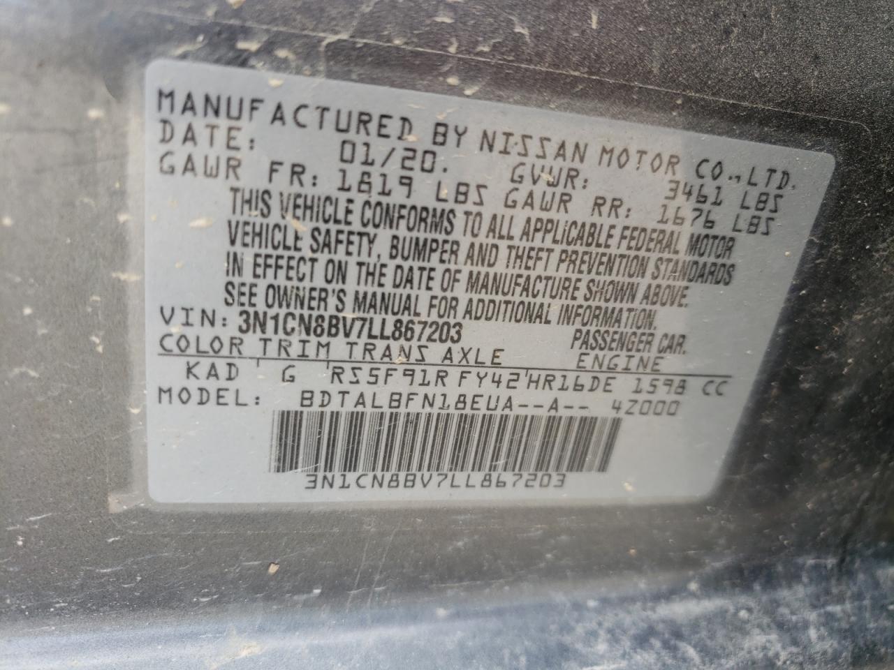 Photo 10 from auction – 2020 NISSAN VERSA S with VIN 3N1CN8BV7LL867203