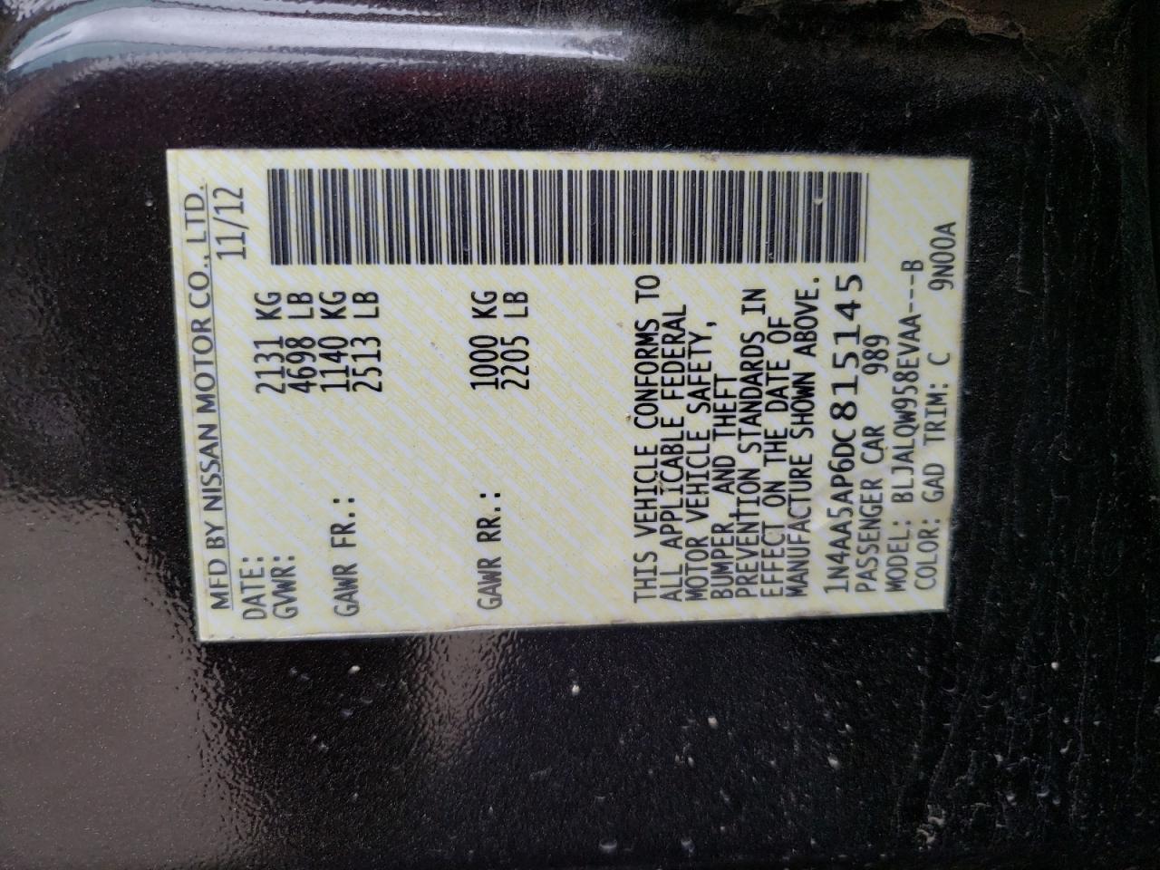 Photo 10 from auction – 2013 NISSAN MAXIMA S with VIN 1N4AA5AP6DC815145