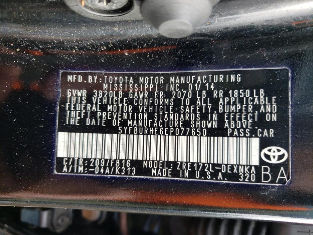 Photo 10 from auction – 2014 TOYOTA COROLLA L with VIN 5YFBURHE6EP077650
