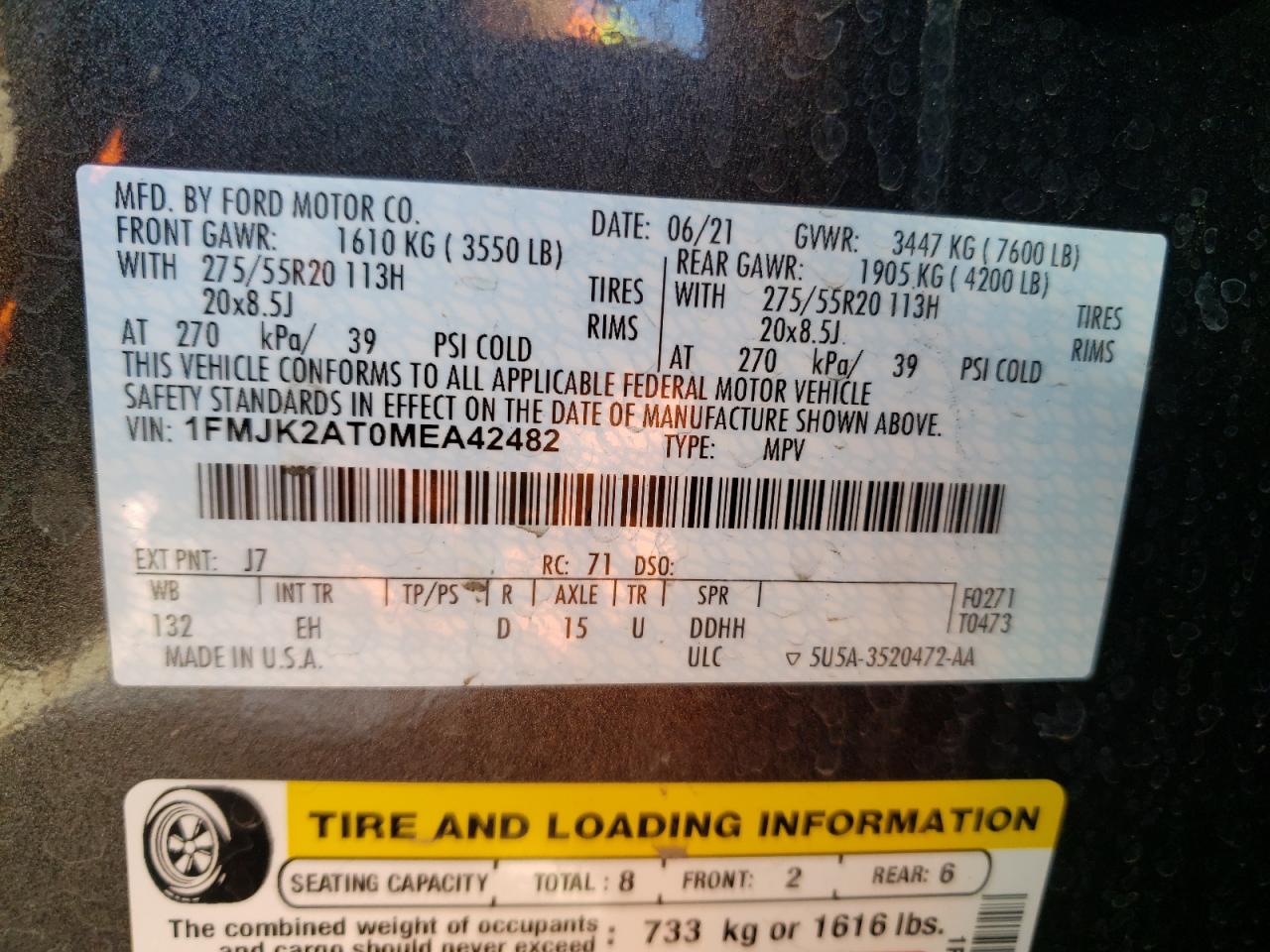 Photo 10 from auction – 2021 FORD EXPEDITION with VIN 1FMJK2AT0MEA42482