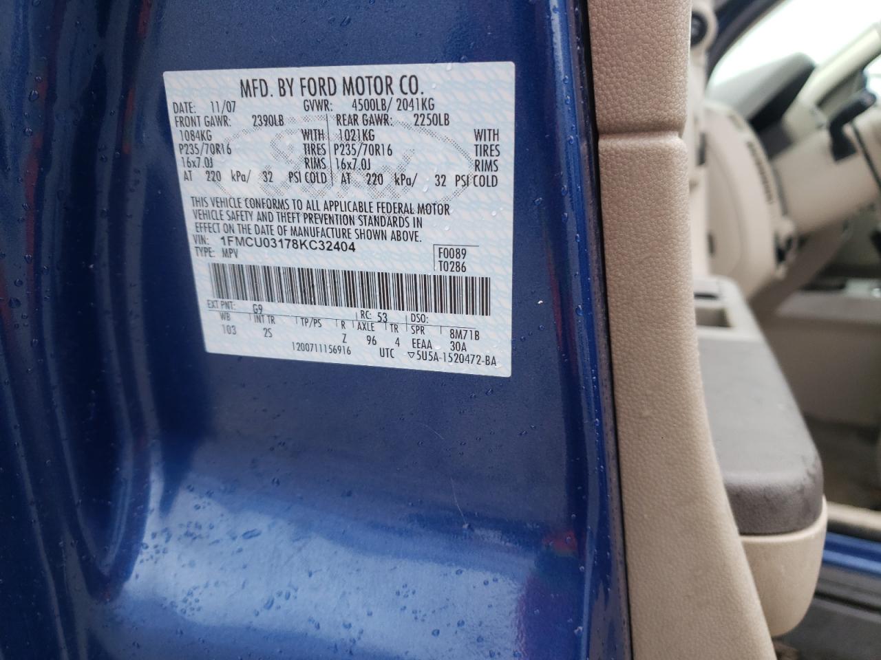 Photo 10 from auction – 2008 FORD ESCAPE XLT with VIN 1FMCU03178KC32404