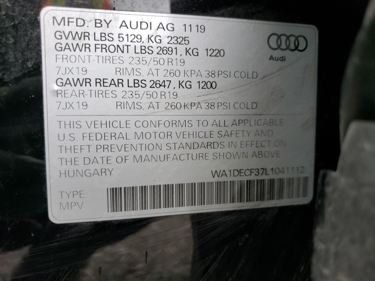 Photo 10 from auction – 2020 AUDI Q3 PREMIUM with VIN WA1DECF37L1041112