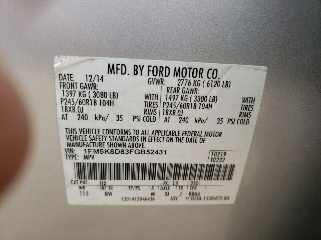 Photo 10 from auction – 2015 FORD EXPLORER X with VIN 1FM5K8D83FGB52431