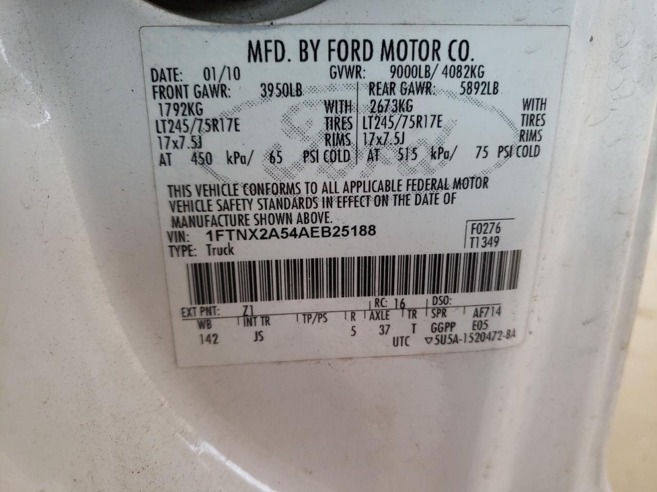 Photo 10 from auction – 2010 FORD F250 SUPER with VIN 1FTNX2A54AEB25188