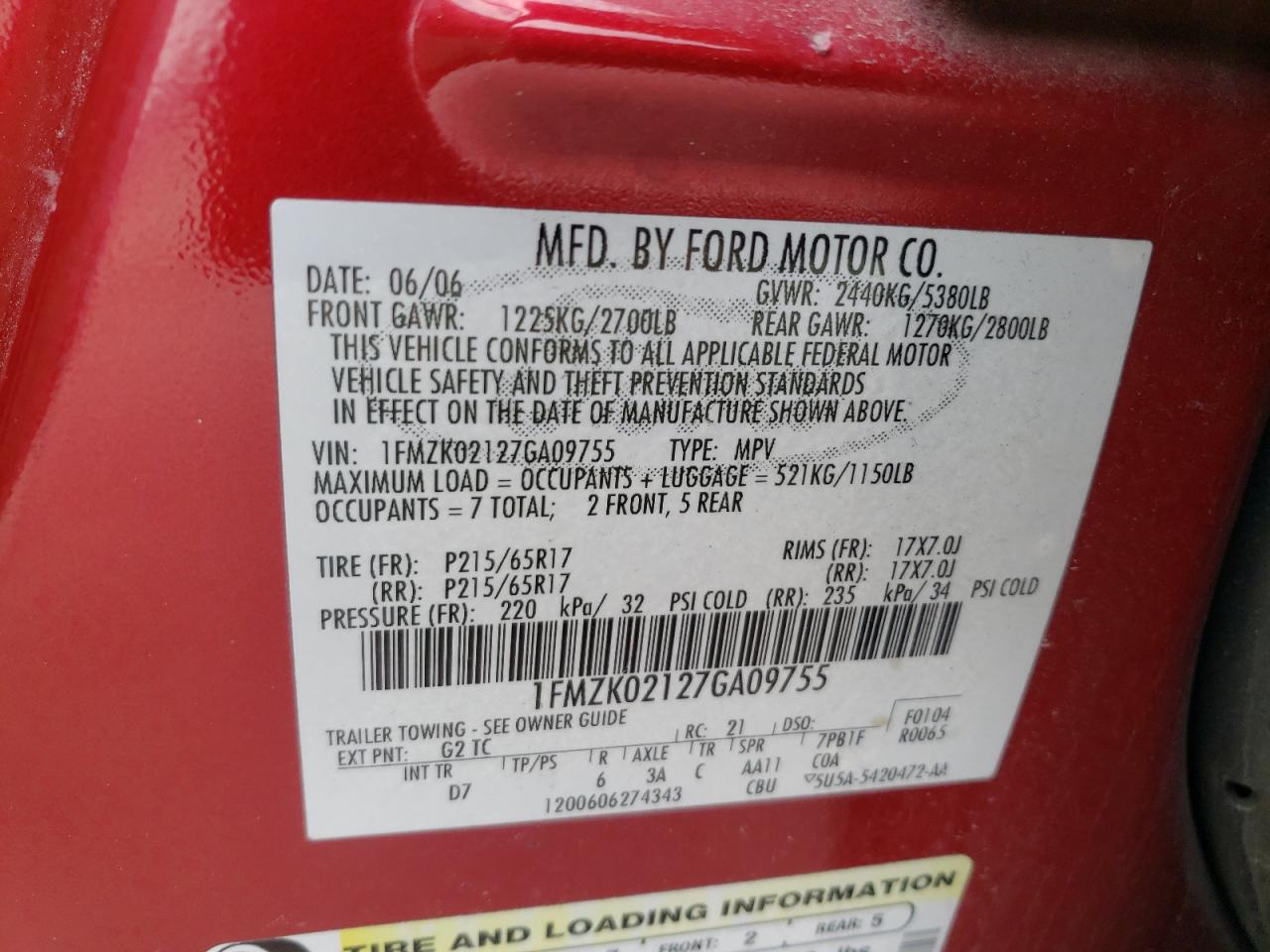 Photo 10 from auction – 2007 FORD FREESTYLE with VIN 1FMZK02127GA09755