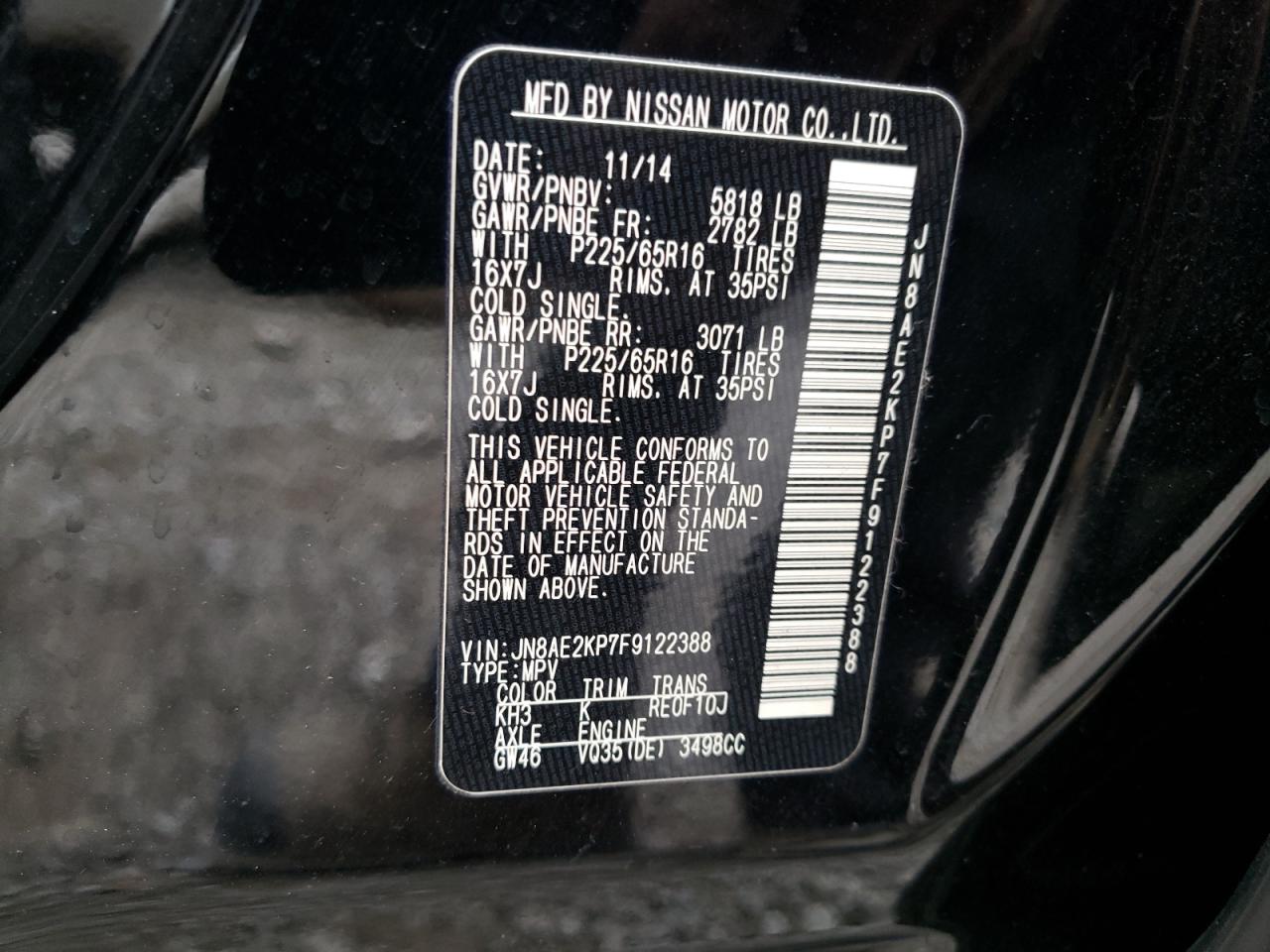 Photo 10 from auction – 2015 NISSAN QUEST S with VIN JN8AE2KP7F9122388