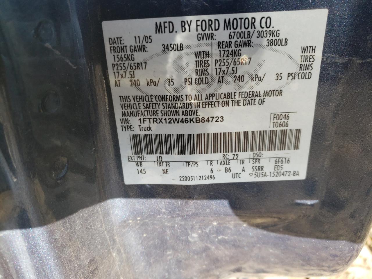 Photo 10 from auction – 2006 FORD F150 with VIN 1FTRX12W46KB84723