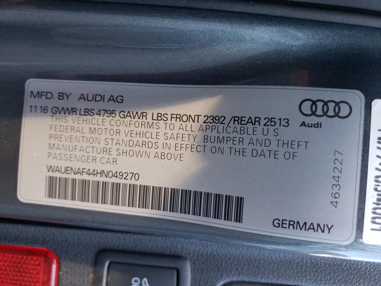 Photo 10 from auction – 2017 AUDI A4 PREMIUM with VIN WAUENAF44HN049270