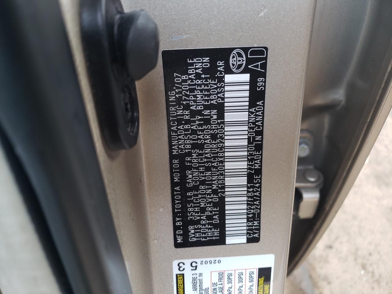 Photo 10 from auction – 2008 TOYOTA COROLLA CE with VIN 2T1BR30EX8C923051