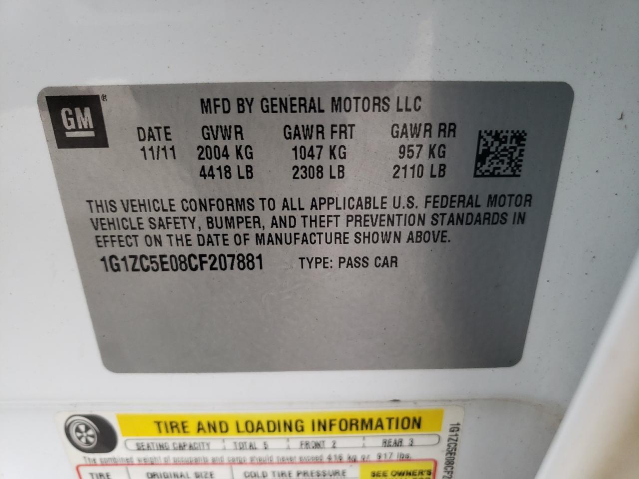 Photo 10 from auction – 2012 CHEVROLET MALIBU 1LT with VIN 1G1ZC5E08CF207881