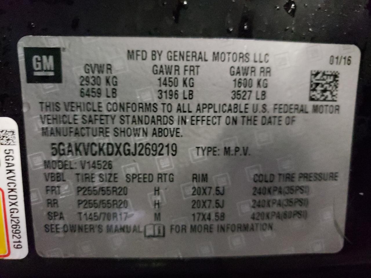 Photo 10 from auction – 2016 BUICK ENCLAVE with VIN 5GAKVCKDXGJ269219