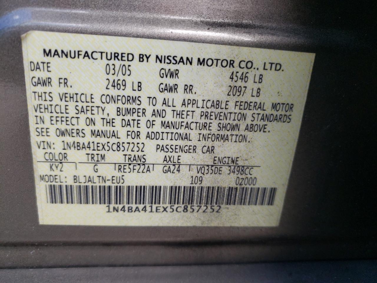 Photo 10 from auction – 2005 NISSAN MAXIMA SE with VIN 1N4BA41EX5C857252
