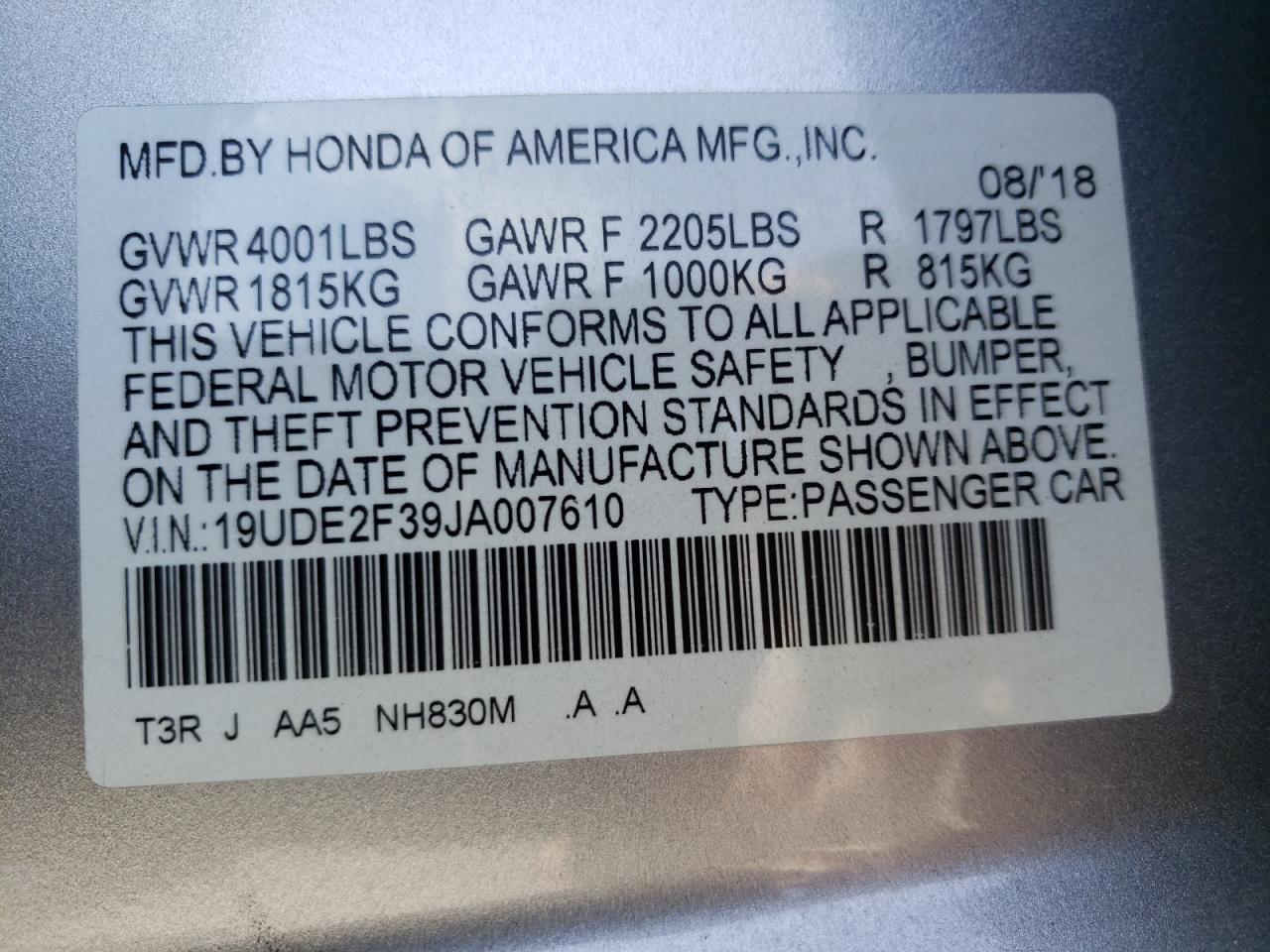 Photo 10 from auction – 2018 ACURA ILX BASE W with VIN 19UDE2F39JA007610