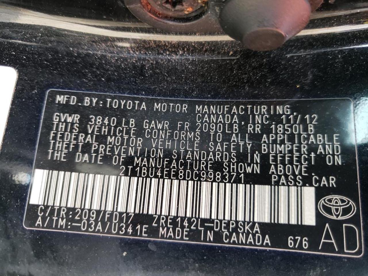 Photo 10 from auction – 2013 TOYOTA COROLLA BA with VIN 2T1BU4EE8DC998371