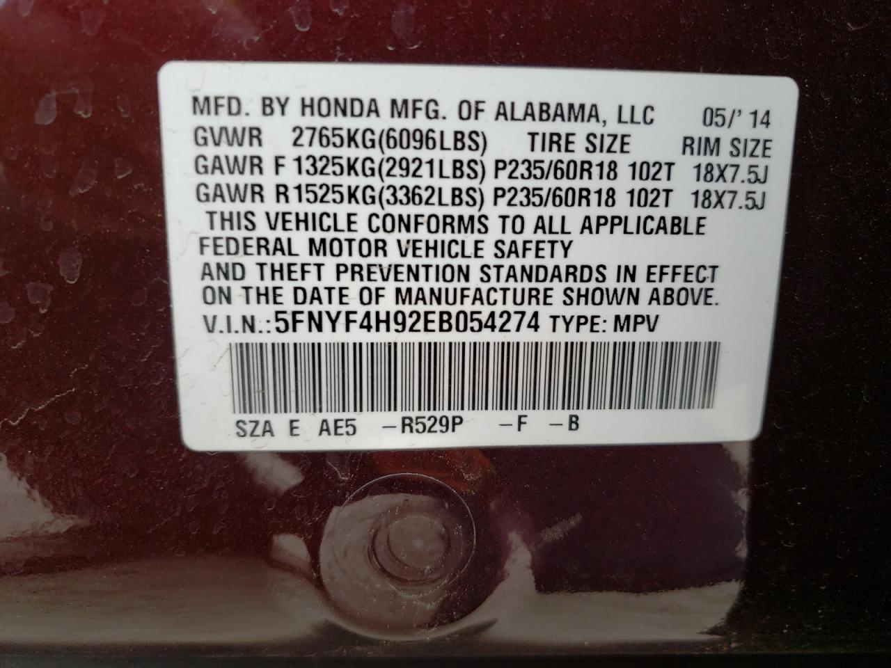 Photo 10 from auction – 2014 HONDA PILOT TOUR with VIN 5FNYF4H92EB054274