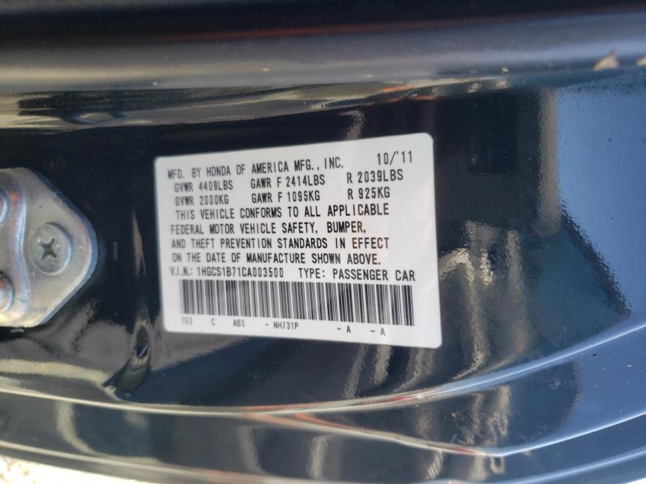 Photo 10 from auction – 2012 HONDA ACCORD EX with VIN 1HGCS1B71CA003500