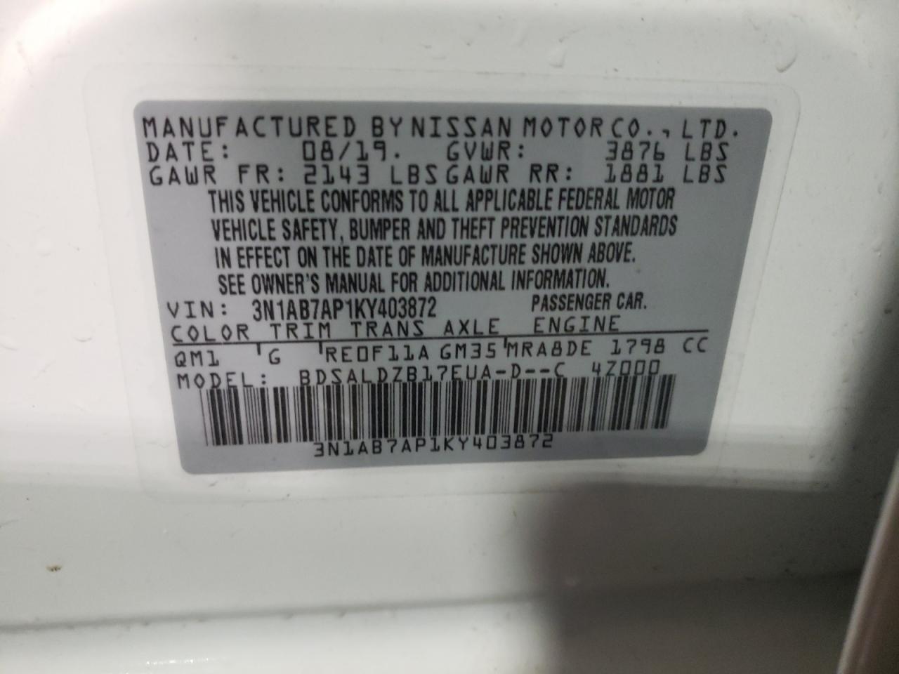 Photo 10 from auction – 2019 NISSAN SENTRA S with VIN 3N1AB7AP1KY403872