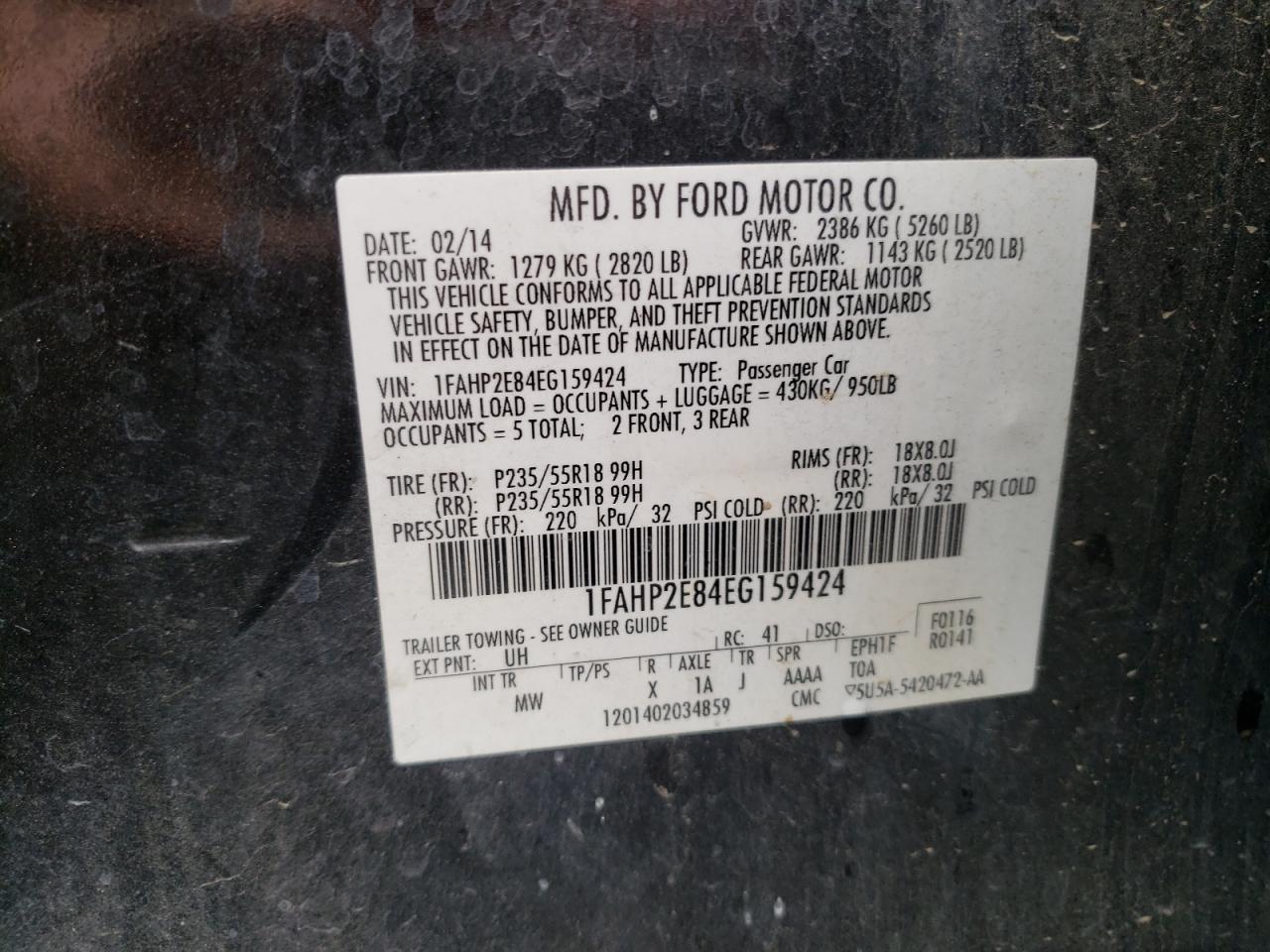 Photo 10 from auction – 2014 FORD TAURUS SEL with VIN 1FAHP2E84EG159424