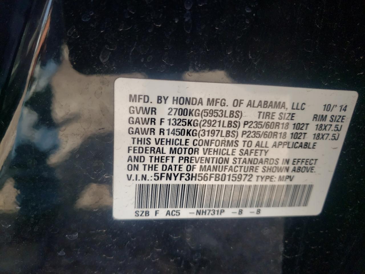 Photo 10 from auction – 2015 HONDA PILOT EXL with VIN 5FNYF3H56FB015972