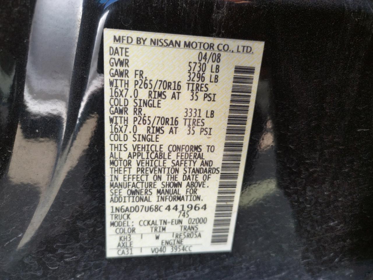 Photo 10 from auction – 2008 NISSAN FRONTIER C with VIN 1N6AD07U68C441964