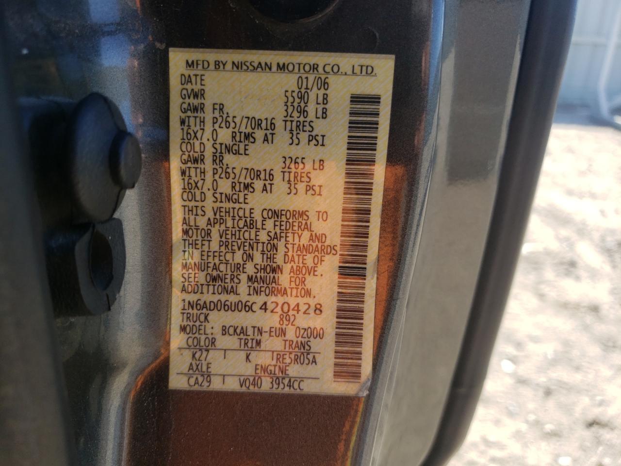 Photo 10 from auction – 2006 NISSAN FRONTIER K with VIN 1N6AD06U06C420428